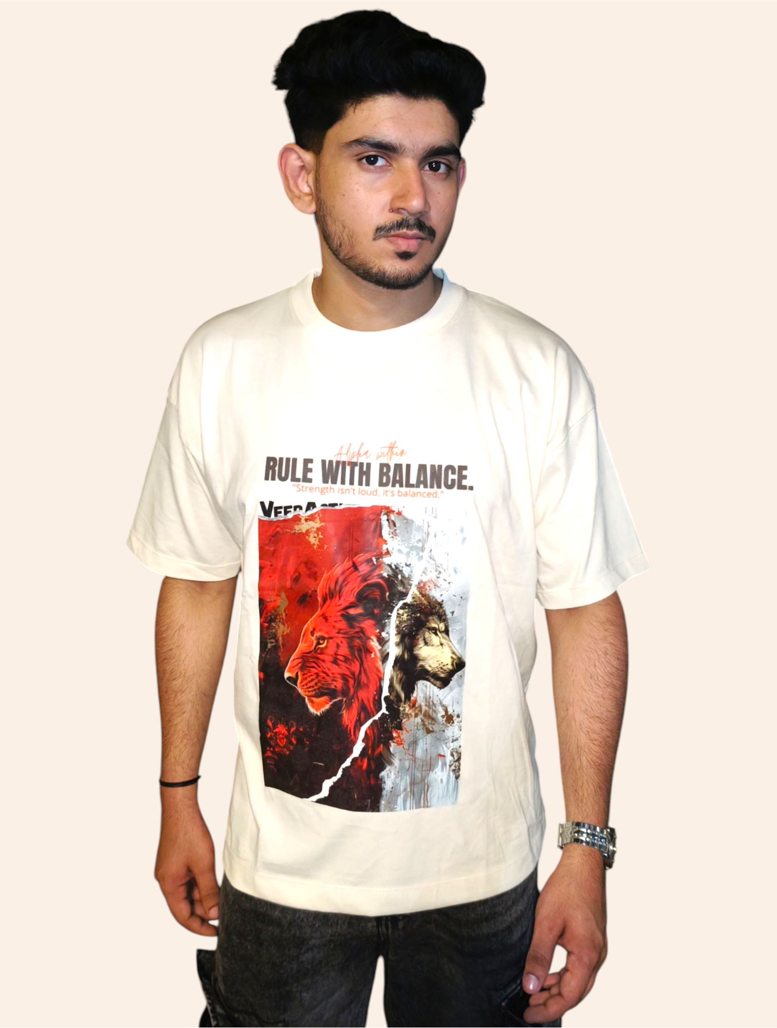 Person wearing a VeerAstra white t-shirt with a graphic design and text on a plain background
