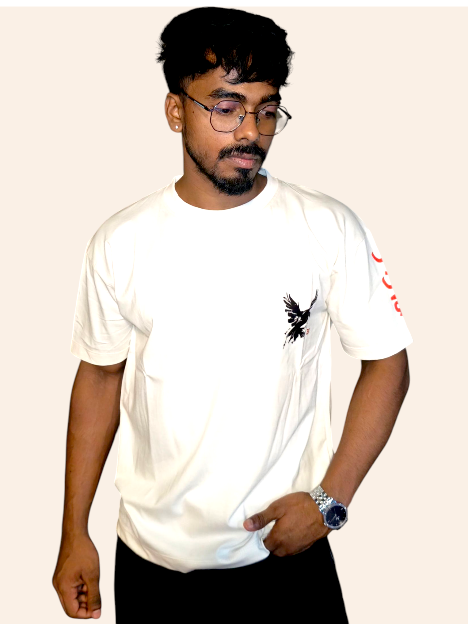 Person wearing a VeerAstra off-white t-shirt with a black design on a plain background
