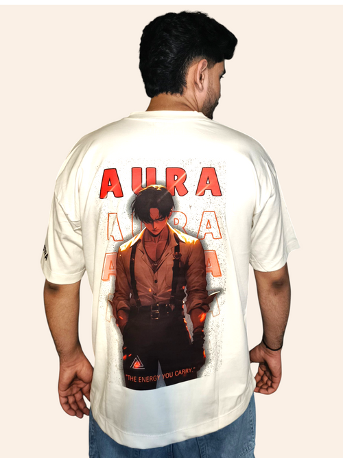 Person wearing a white VeerAstra t-shirt with 'Aura' design and text on the back.