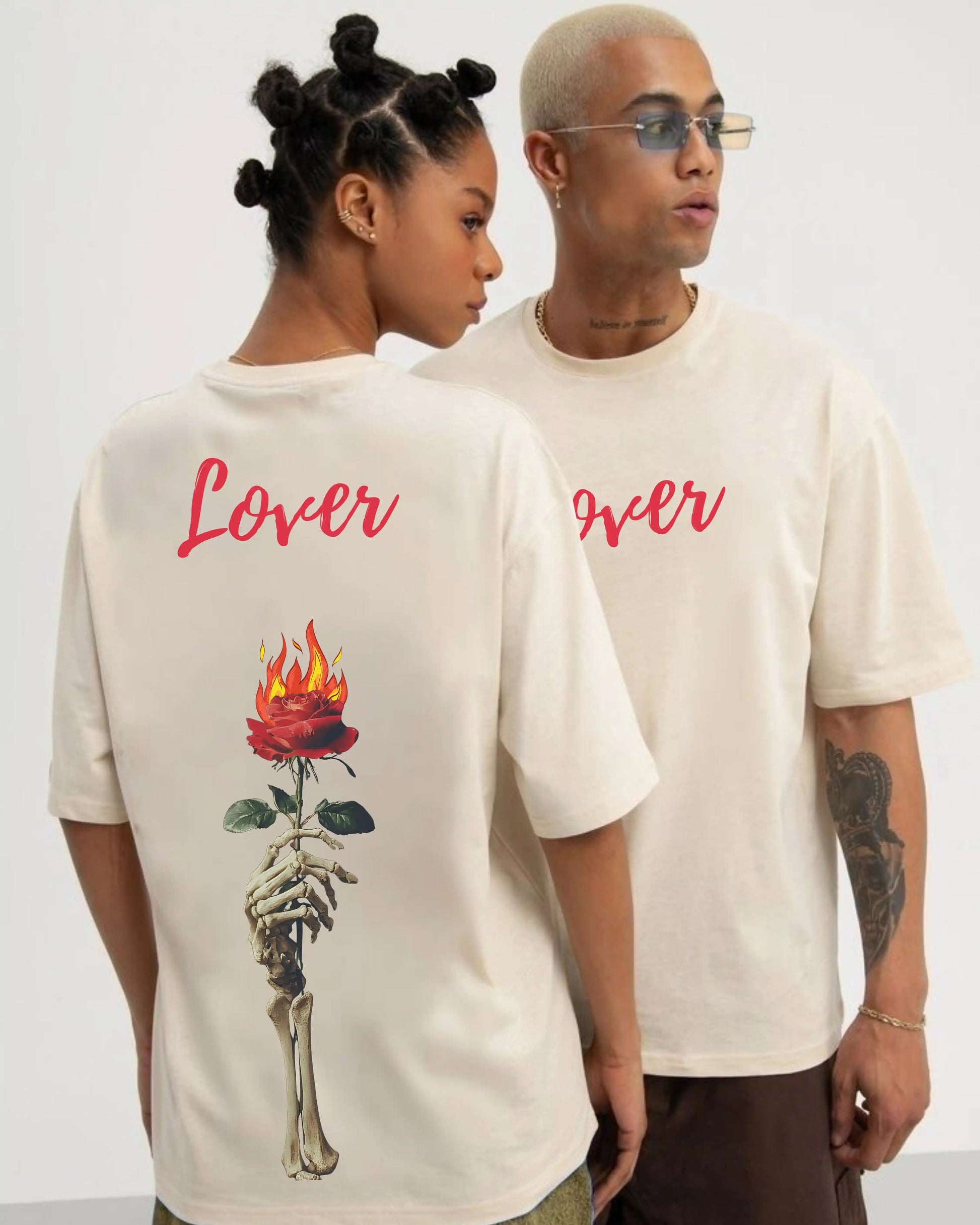Men & Women wearing VeerAstra Off-white Oversized T-shirt 